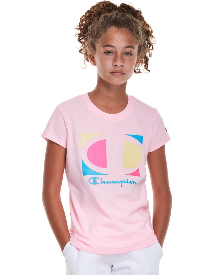 Champion Classic Graphic Colorblock Logo Kiz Çocuk Tişört Pembe ( ZXQWBY386 )